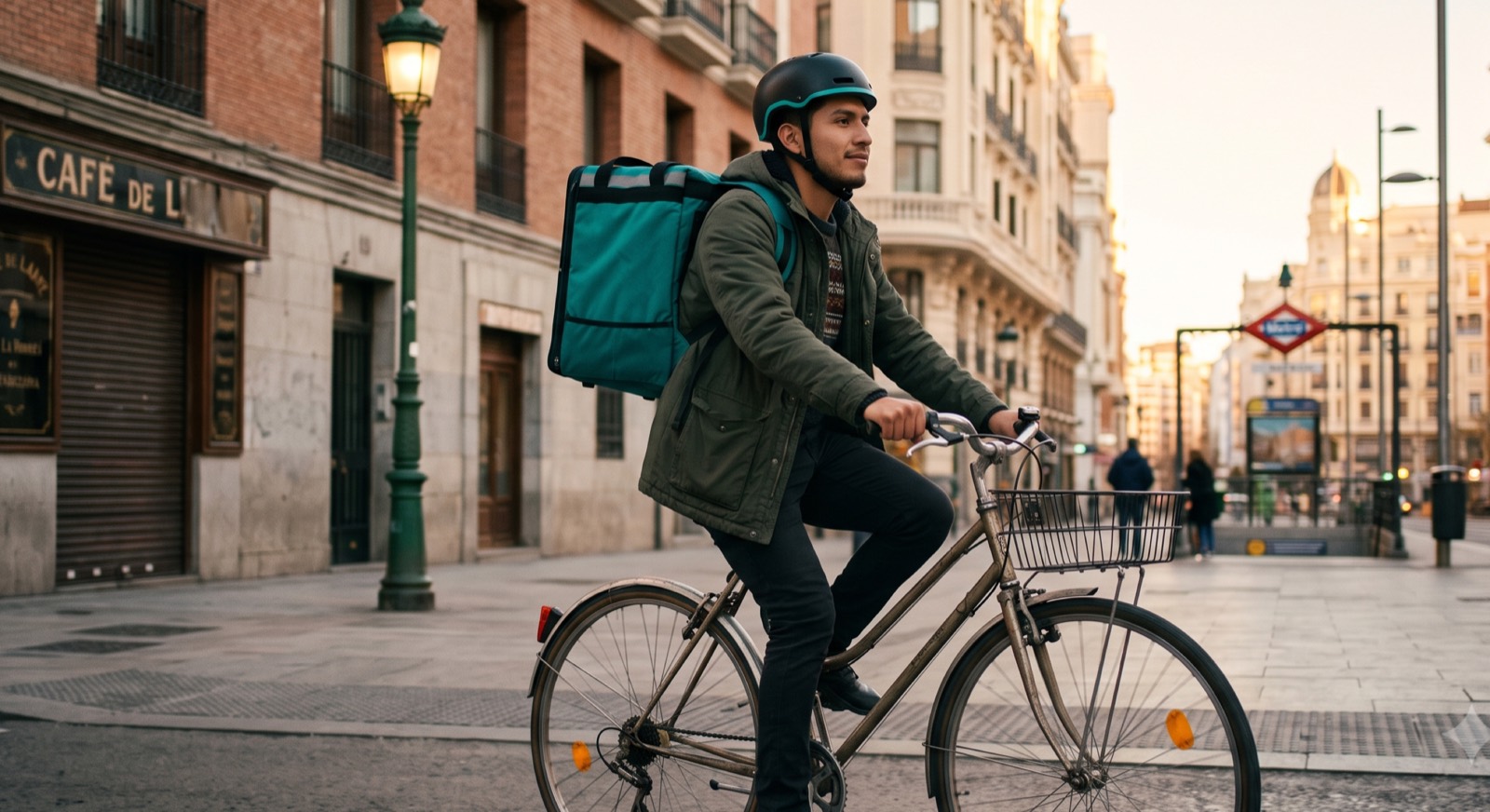 Repartidor en bicicleta al amanecer en una calle de Madrid